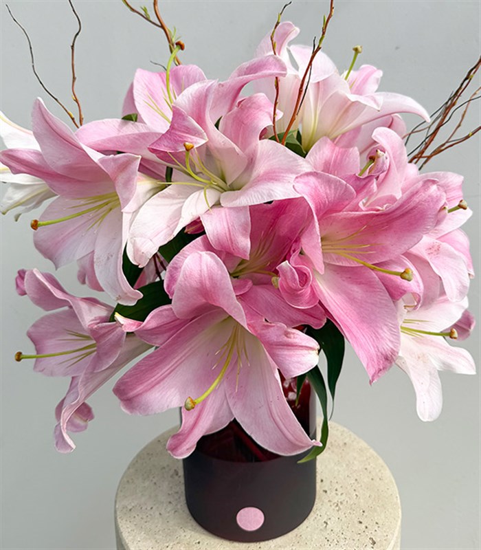 Burgundy Glass Vase Deluxe Lilies Pink Lilies Arrangement