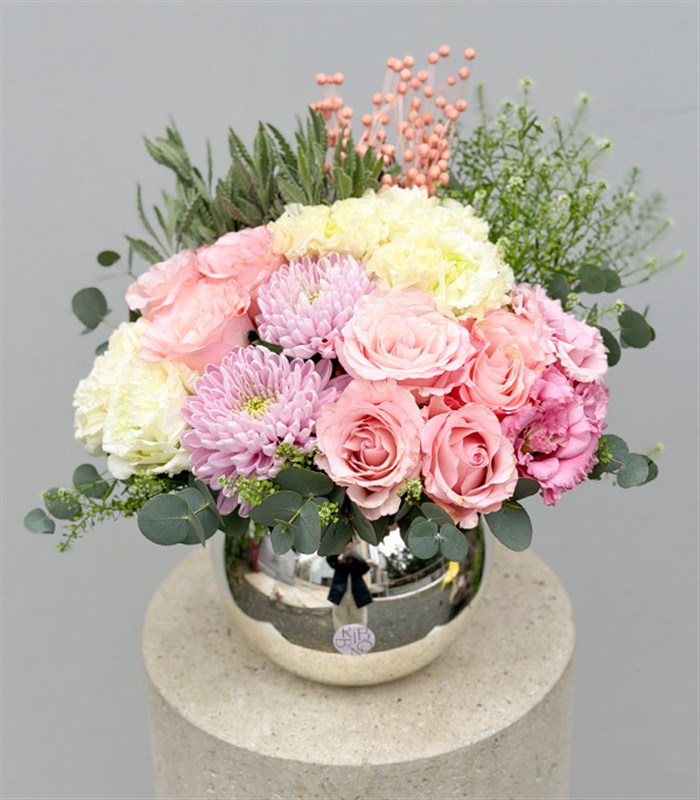 Silver Vase Pink Roses Mother's Day Arrangement