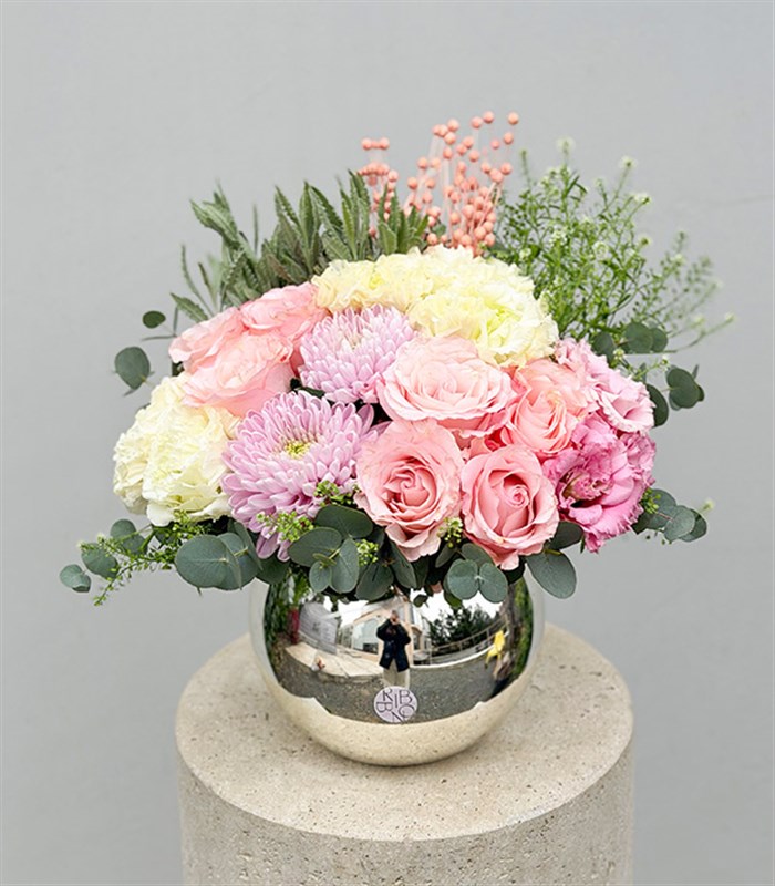 Silver Vase Pink Roses Mother's Day Arrangement