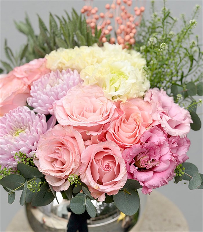 Silver Vase Pink Roses Mother's Day Arrangement