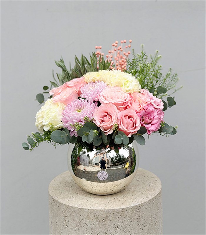 Silver Vase Pink Roses Mother's Day Arrangement