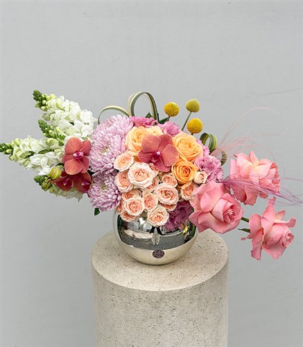 Luna Silver Sphere Vase Apricot Pink Rose Arrangement