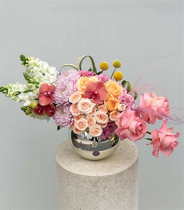 Luna Silver Sphere Vase Apricot Pink Rose Mothers Day Arrangement 