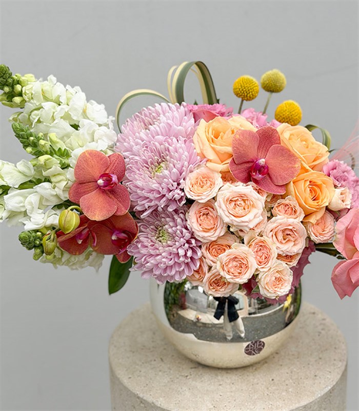 Luna Silver Sphere Vase Apricot Pink Rose Mothers Day Arrangement 