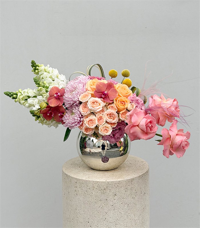 Luna Silver Sphere Vase Apricot Pink Rose Mothers Day Arrangement 