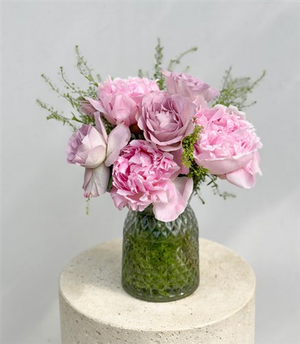 Crystal Glass Vase, Lilac Rose, Pink Peony Arrangement