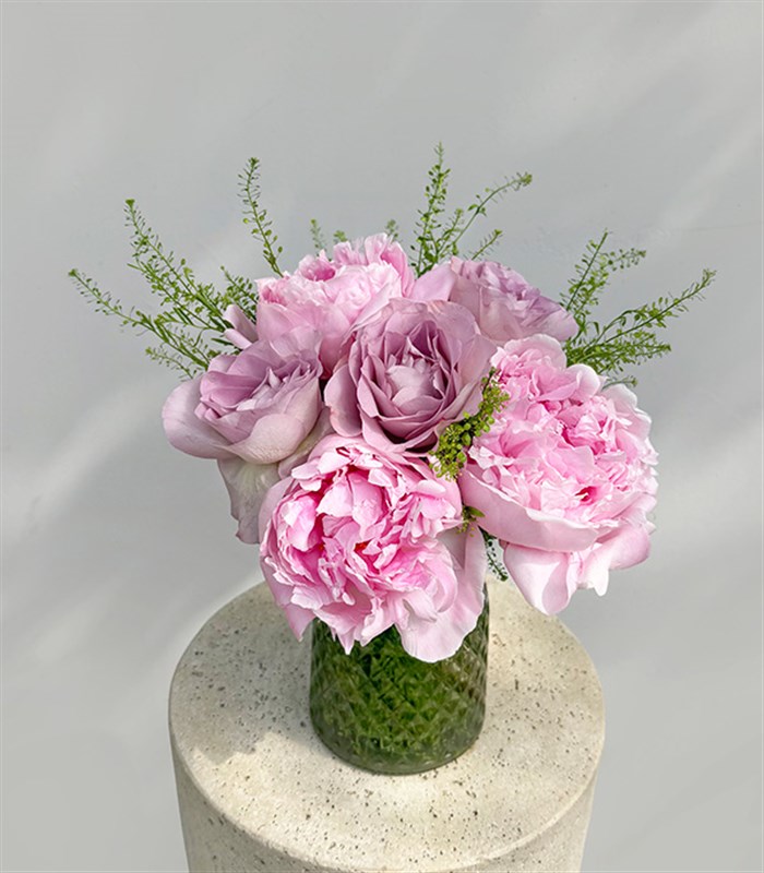 Crystal Glass Vase, Lilac Rose, Pink Peony Arrangement