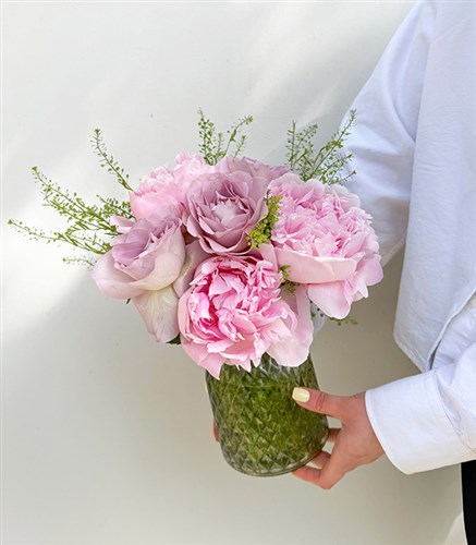 Crystal Glass Vase, Lilac Rose, Pink Peony Arrangement