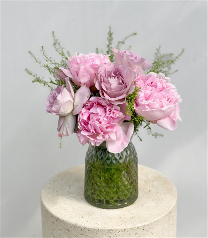 Crystal Glass Vase, Lilac Rose, Pink Peony Arrangement