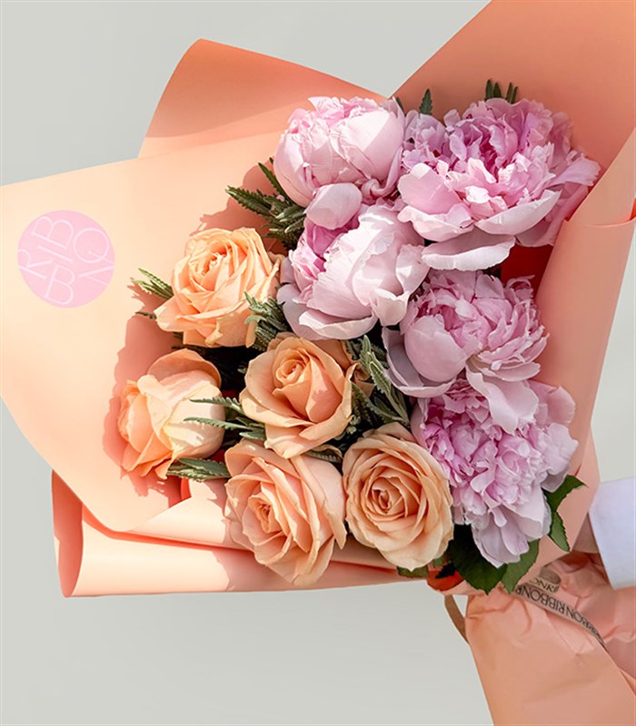 Bloomy Dream Apricot Rose Pink Peony Bouquet