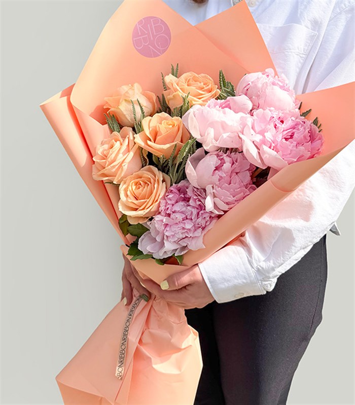 Bloomy Dream Apricot Rose Pink Peony Bouquet