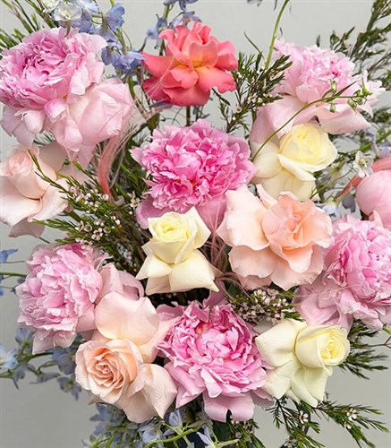 Backyard Beauty Deluxe Arrangement with Peonies in a Ceramic Pitcher and Vase