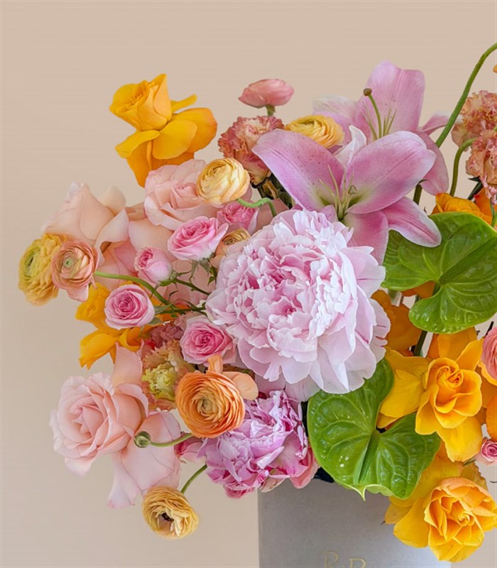 Pink Lily and Peony Arrangement in a Cream Box