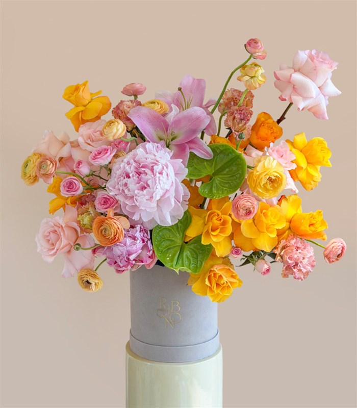 Pink Lily and Peony Arrangement in a Cream Box
