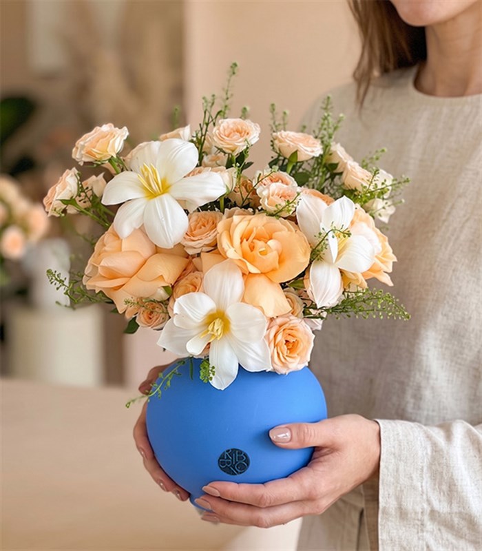 Apricot Rose White Tulip Arrangement in Blue Ceramic Vase