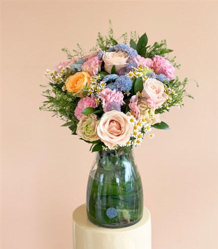 Luana Pink Apricot Rose Arrangement in Glass Vase