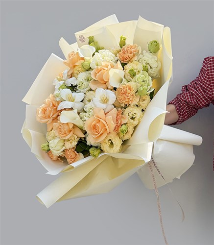 First Blush Deluxe Apricot Rose White Tulip Bouquet