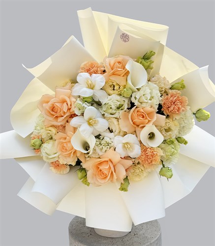 First Blush Deluxe Apricot Rose White Tulip Bouquet