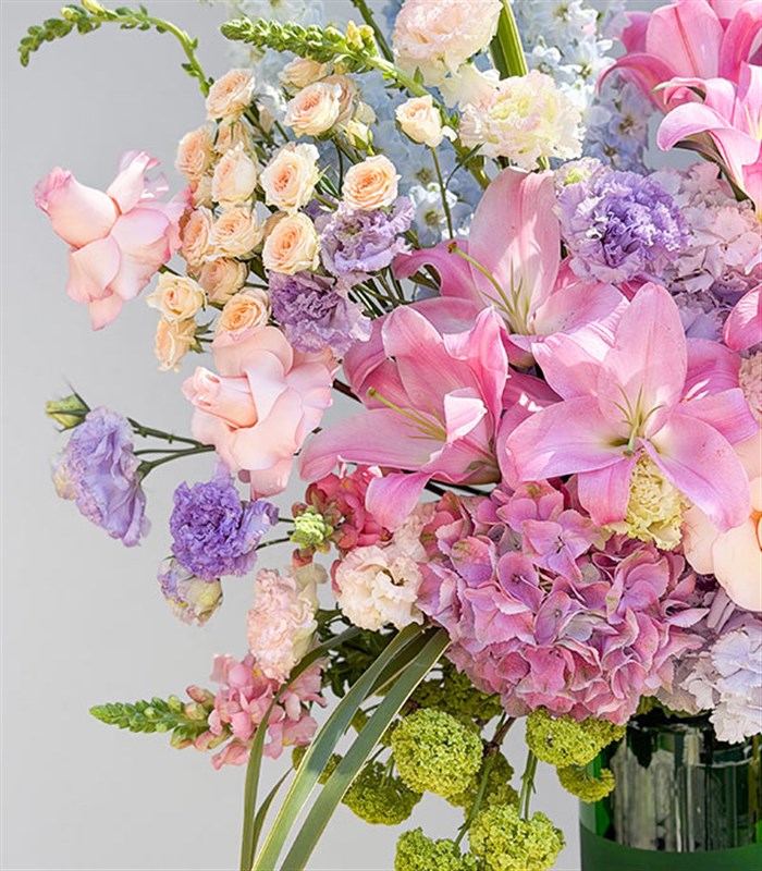 Pink Lily and Hydrangea Grand Deluxe Arrangement in a Green Vase