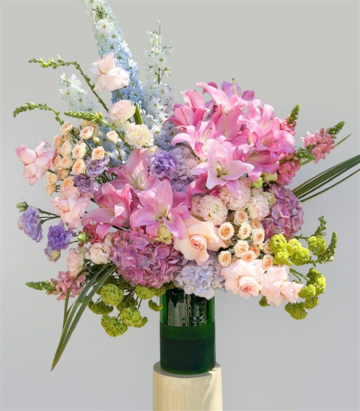 Pink Lily and Hydrangea Grand Deluxe Arrangement in a Green Vase