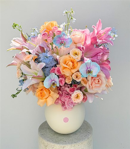 Pink Lily Hydrangea Rose Arrangement in Ceramic Vase