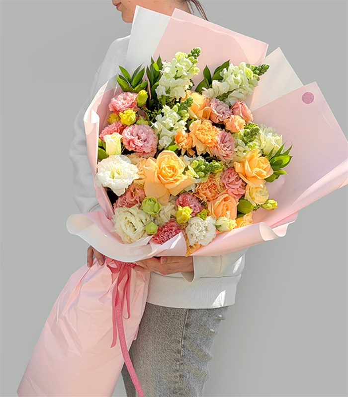Deluxe Sheryl Apricot Rose White Flowers Bouquet