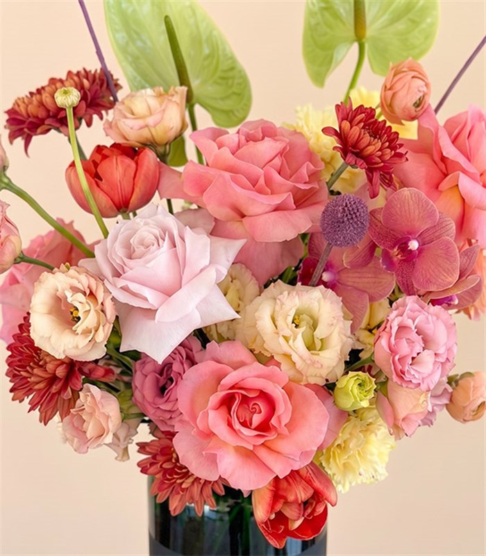 Wonder Orange Glass Vase Pink Rose Anthurium Spring Arrangement