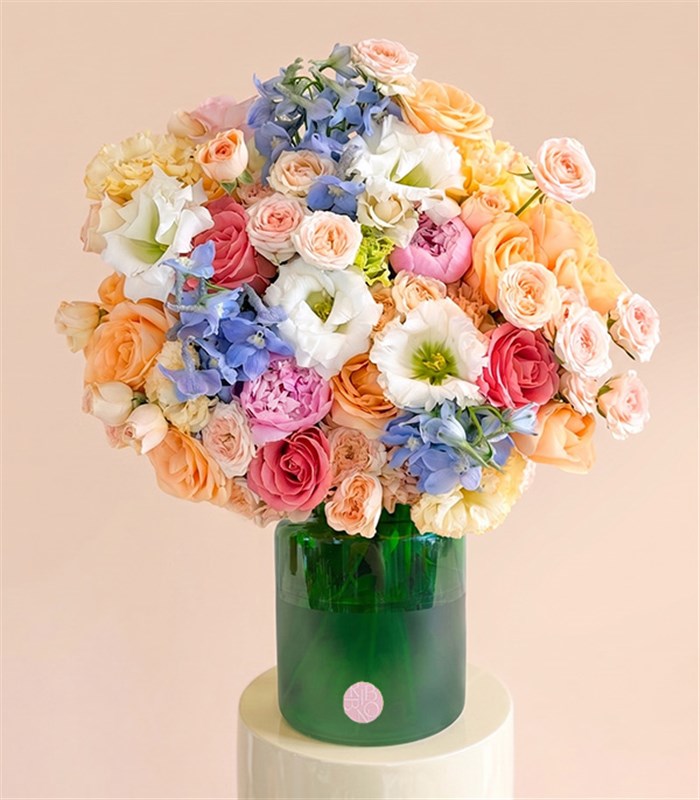 Sage Green Glass Vase Pink Peony Rose Spring Arrangement