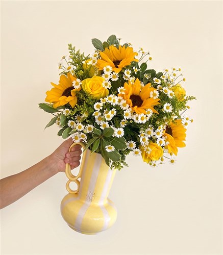 Summer Grill Handmade Ceramic Yellow Pitcher Vase with Sunflowers and Daisies