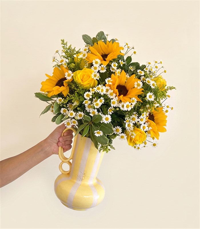 Summer Grill Handmade Ceramic Yellow Pitcher Vase with Sunflowers and Daisies