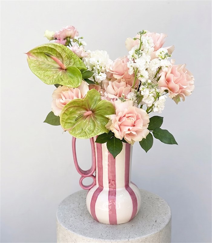 Anthurium Pink Rose Arrangement in Rose Nebula Handcrafted Ceramic Jug Vase
