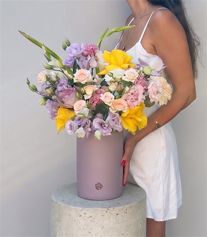 Elio Yellow Rose Pastel Flowers Summer Arrangement in Cream Ceramic Vase
