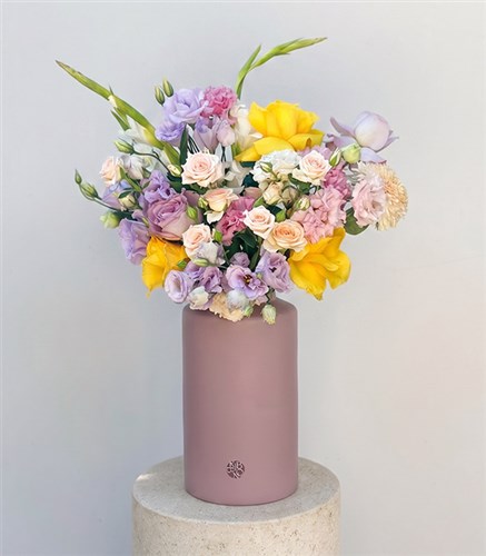 Elio Yellow Rose Pastel Flowers Summer Arrangement in Cream Ceramic Vase