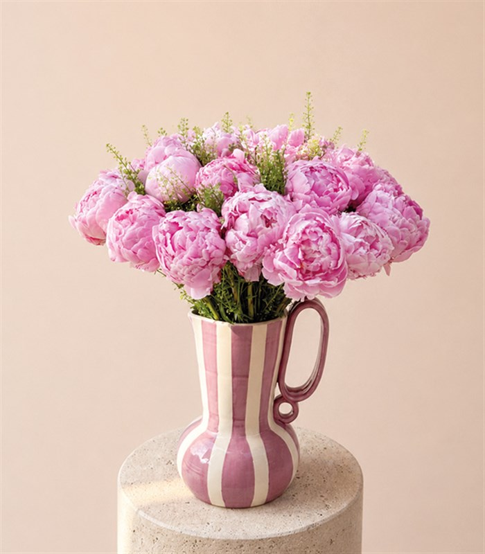 Deluxe Handmade Ceramic Pitcher with 25 Pink Peonies