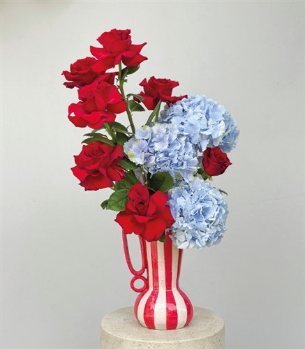 Striped Romance Deluxe Handmade Ceramic Pitcher with Blue Hydrangea and Red Rose Arrangement