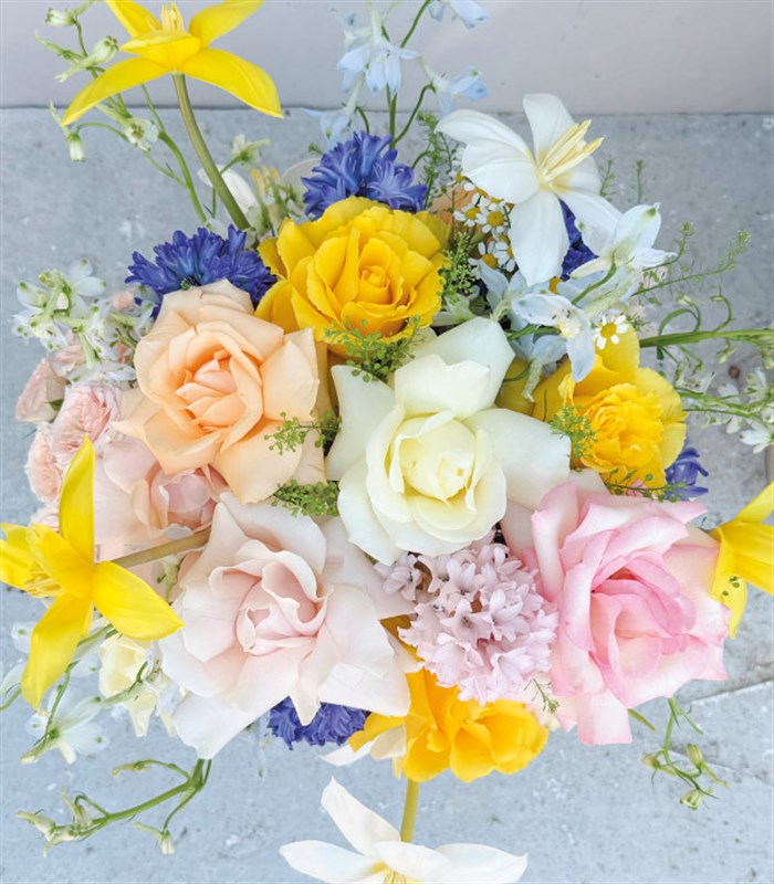 Deluxe Glass Vase with White Tulips, Hyacinths, and Summer Flowers