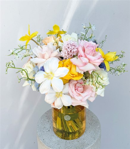 Deluxe Glass Vase with White Tulips, Hyacinths, and Summer Flowers
