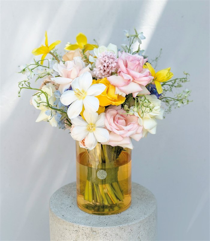 Deluxe Glass Vase with White Tulips, Hyacinths, and Summer Flowers