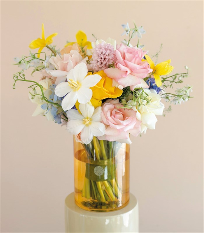 Deluxe Glass Vase with White Tulips, Hyacinths, and Summer Flowers