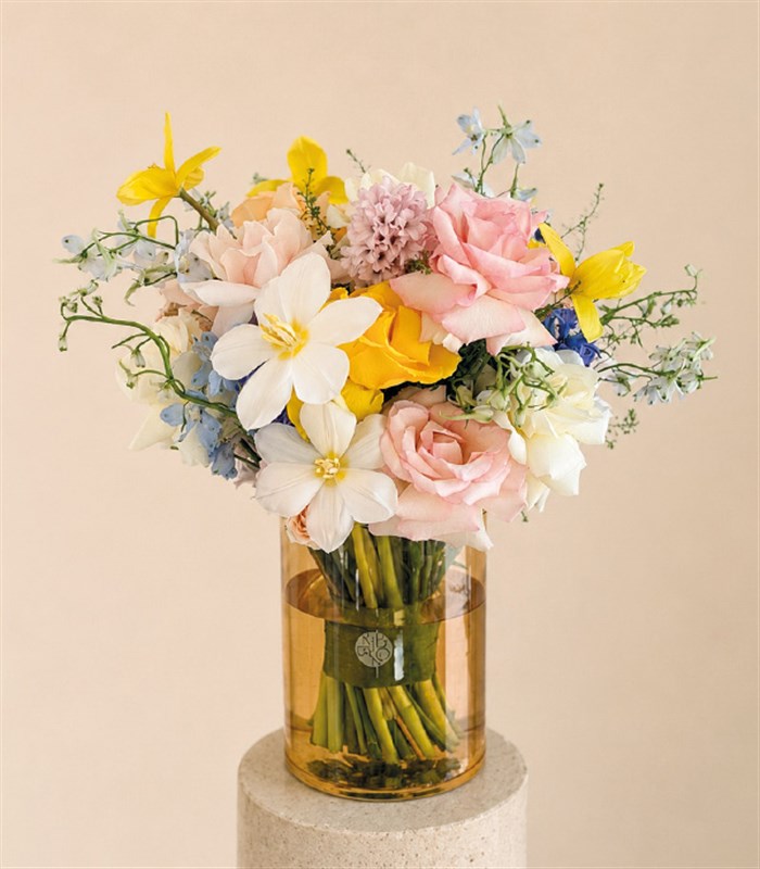 Deluxe Glass Vase with White Tulips, Hyacinths, and Summer Flowers