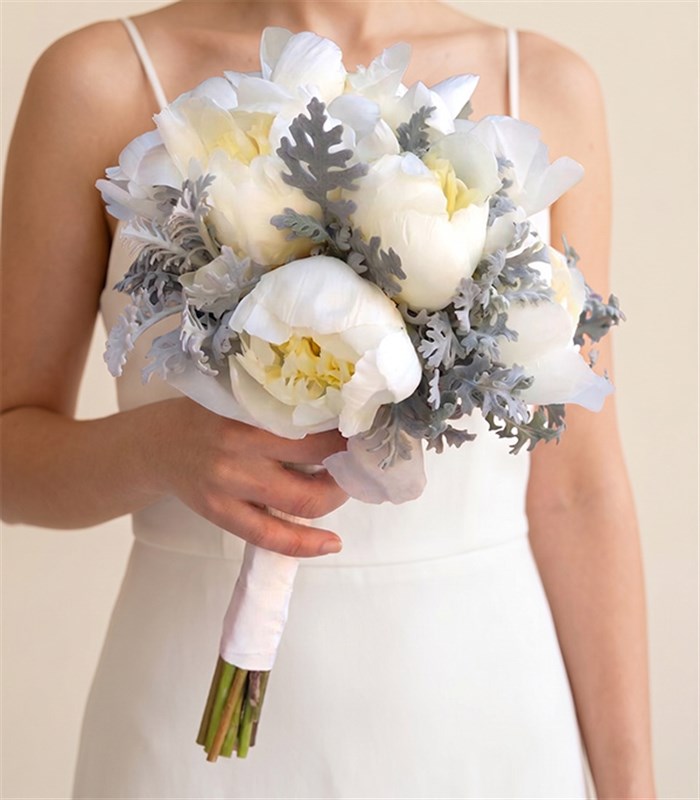 White Peony Bridal Bouquet & Boutonniere Set