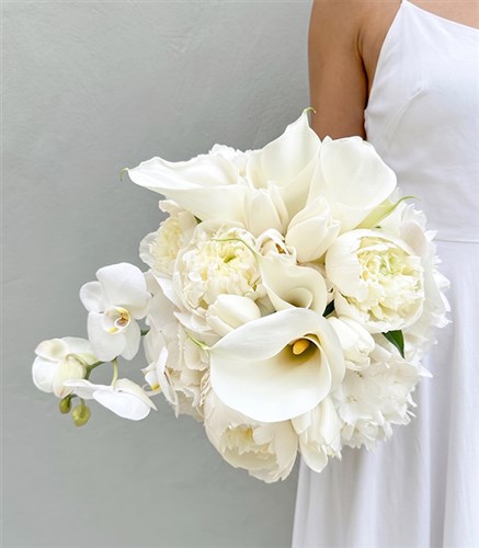 Benedetta 2 White Hydrangea 5 White Peonies 5 Gala 5 White Tulips Bridal Bouquet