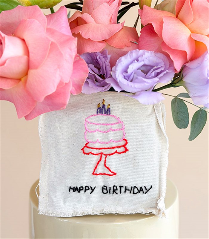 Happy Birthday Handmade Embroidered Canvas Colorful Flower Arrangement