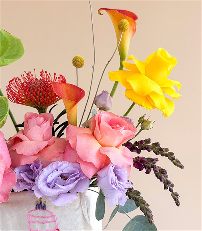 Happy Birthday Handmade Embroidered Canvas Colorful Flower Arrangement