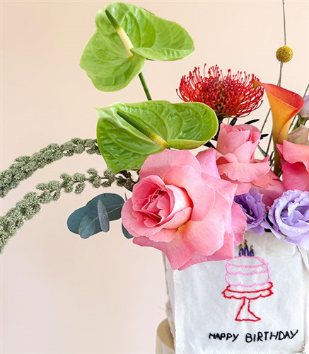Happy Birthday Handmade Embroidered Canvas Colorful Flower Arrangement
