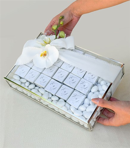 Personalized White Silver Engagement and Wedding Chocolates in a Glass Box