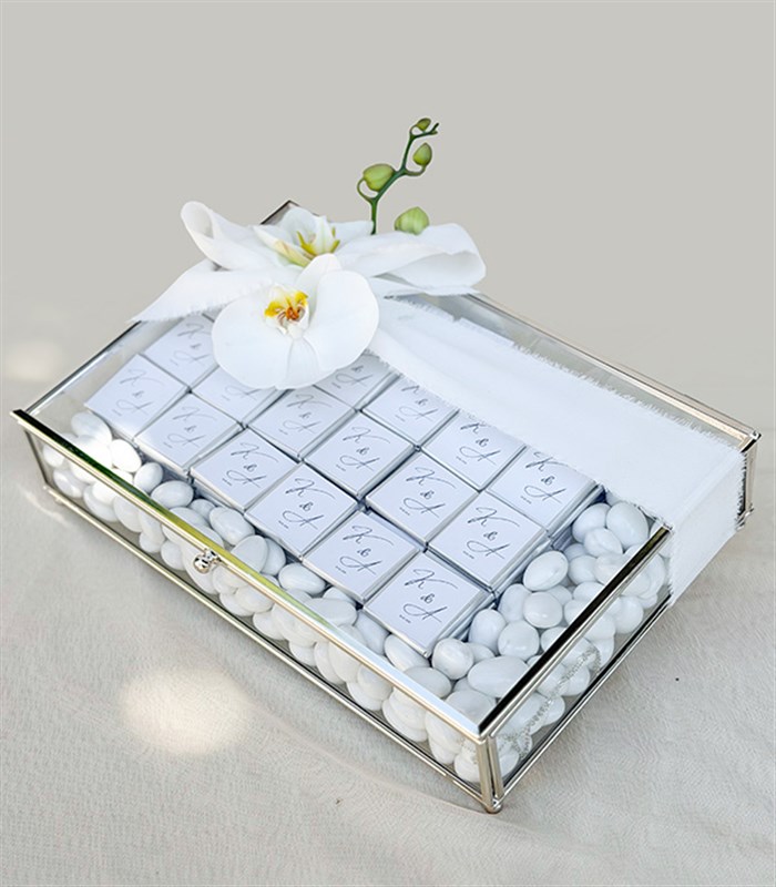 Personalized White Silver Engagement and Wedding Chocolates in a Glass Box