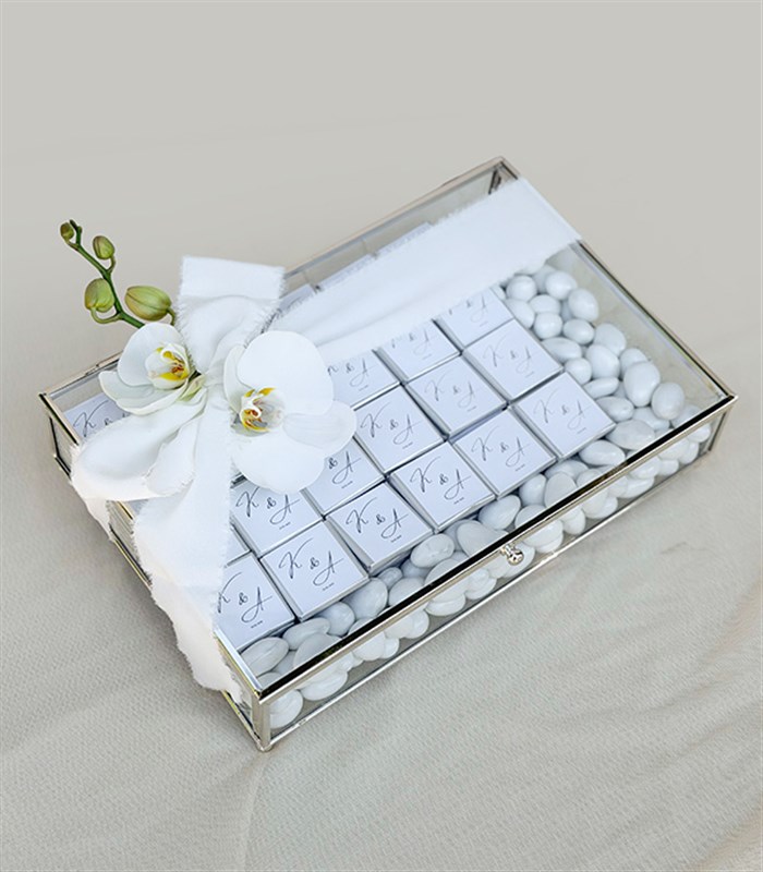 Personalized White Silver Engagement and Wedding Chocolates in a Glass Box