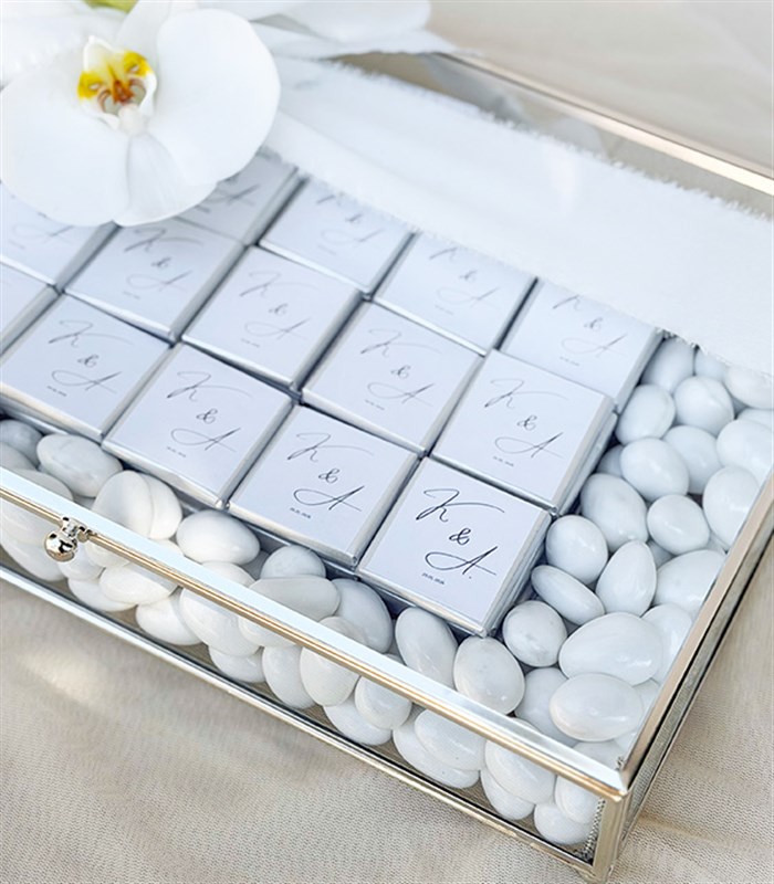 Personalized White Silver Engagement and Wedding Chocolates in a Glass Box