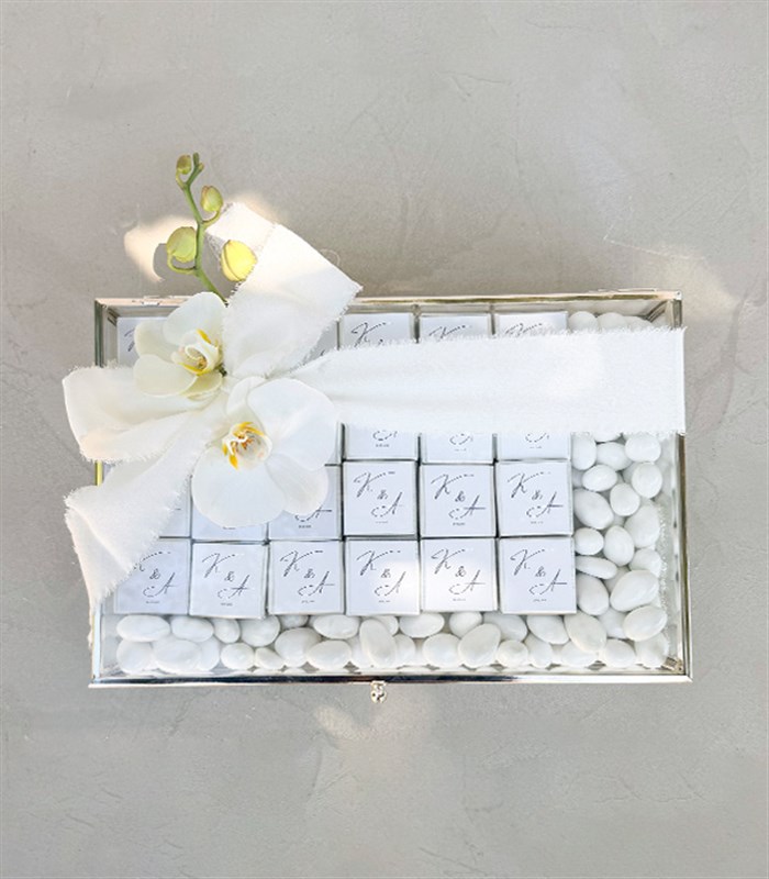 Personalized White Silver Engagement and Wedding Chocolates in a Glass Box